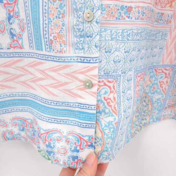 Chico's linen button up top Size 2 (L) pastel print 3/4 sleeve beach - Picture 4 of 8